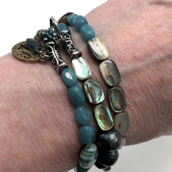3 Teal Blue/Green Silpada Smokey Quartz Elastic Stretch Bead Bracelets - Picture 4 of 9
